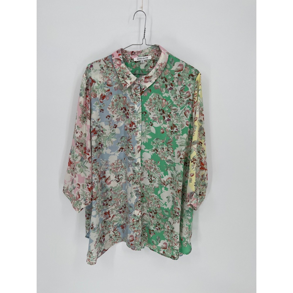 Rose + Olive Womens Button Down Shirt Floral Colorblock Green 2X